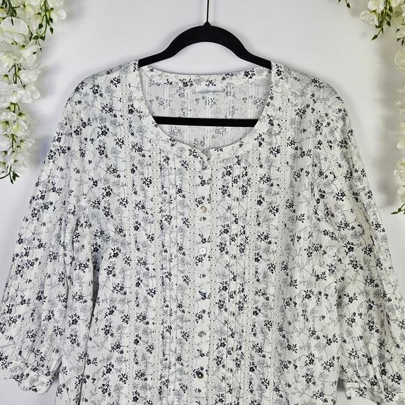 J.Jill Pintuck Blouse White Floral Cotton Top 3/4 Sleeve Boho Cottagecore SZ XL - Picture 5 of 11